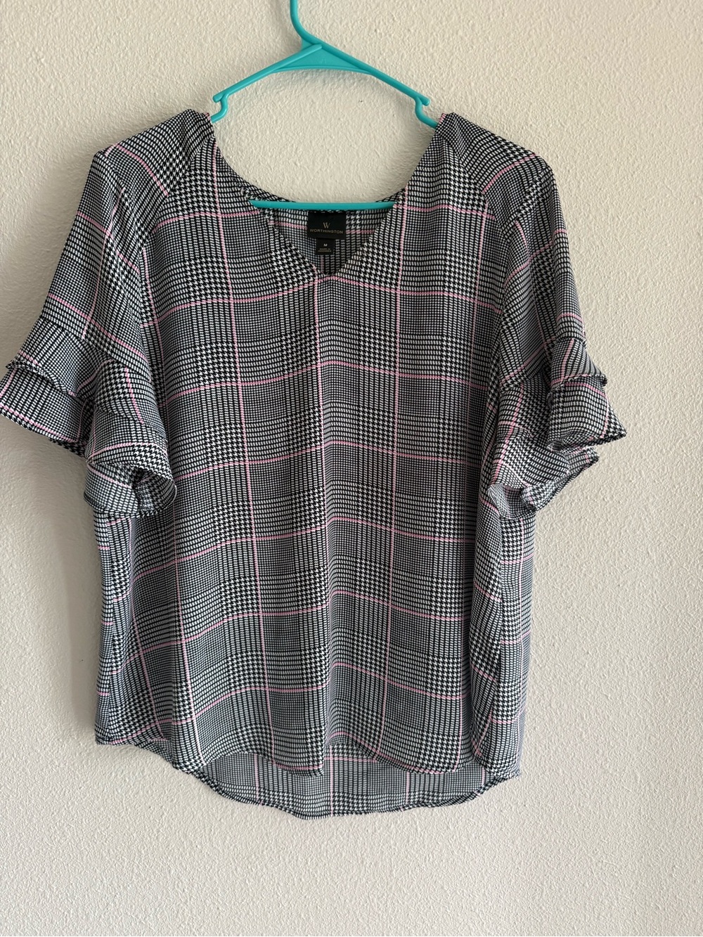 Black and Pink Plaid Ruffle-Sleeve Blouse - Women